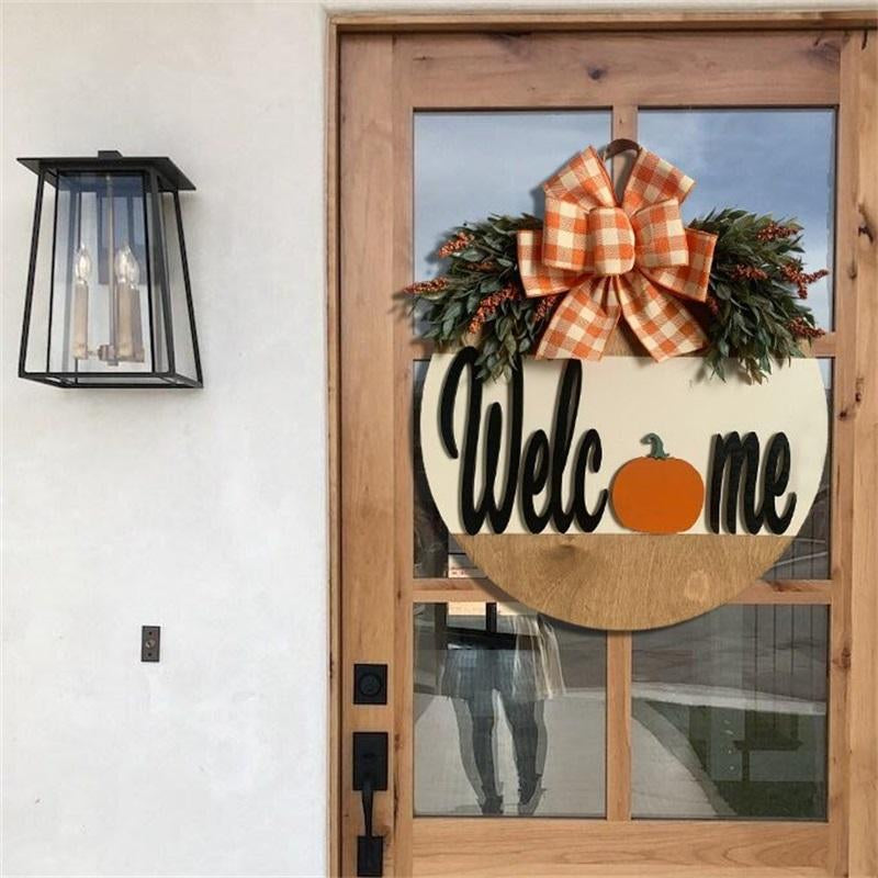 Pumpkin Bow Wooden Round Welcome Door hanger