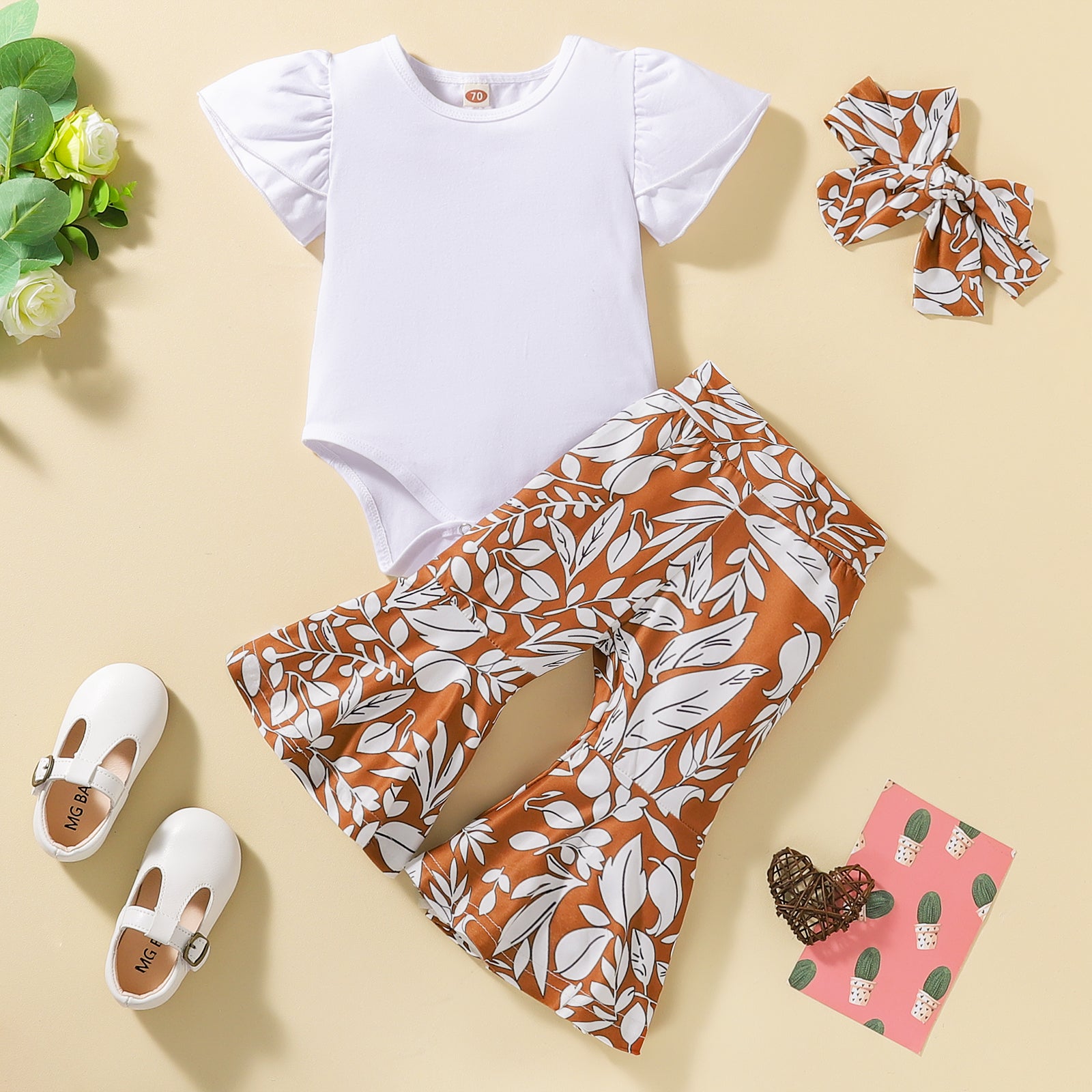 Short-Sleeved Onsie + Flared Pants Two-Piece Set (Name can be added)