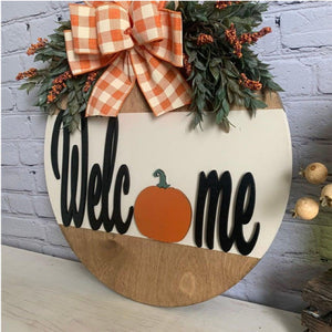 Pumpkin Bow Wooden Round Welcome Door hanger