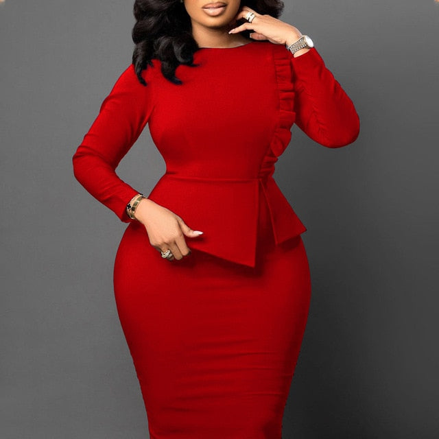 Round neck Ruffle Hip Wrap Business Midi Pencil Dress