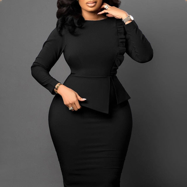 Round neck Ruffle Hip Wrap Business Midi Pencil Dress