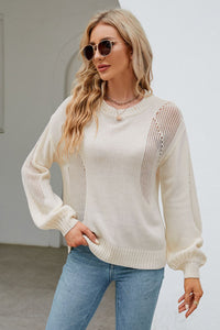 Openwork Round Neck Dropped Shoulder Knit Top