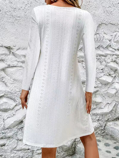 Eyelet V-Neck Long Sleeve Mini Dress