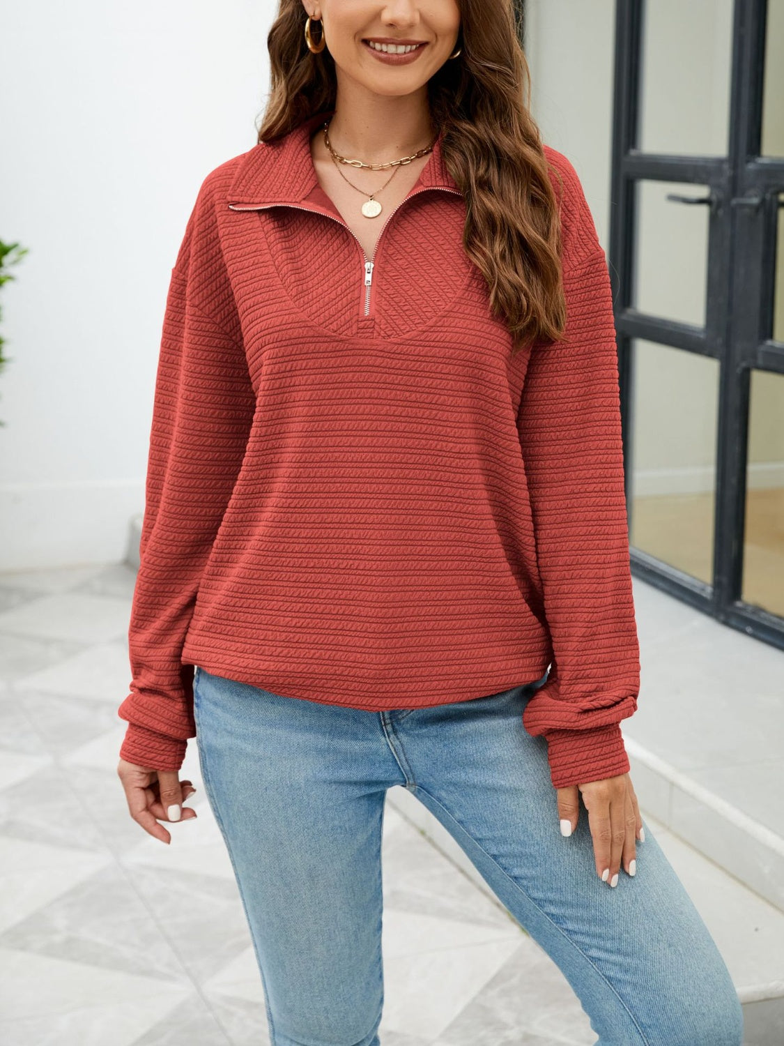 Quarter-Zip Collared Drop Shoulder Sweatshirt