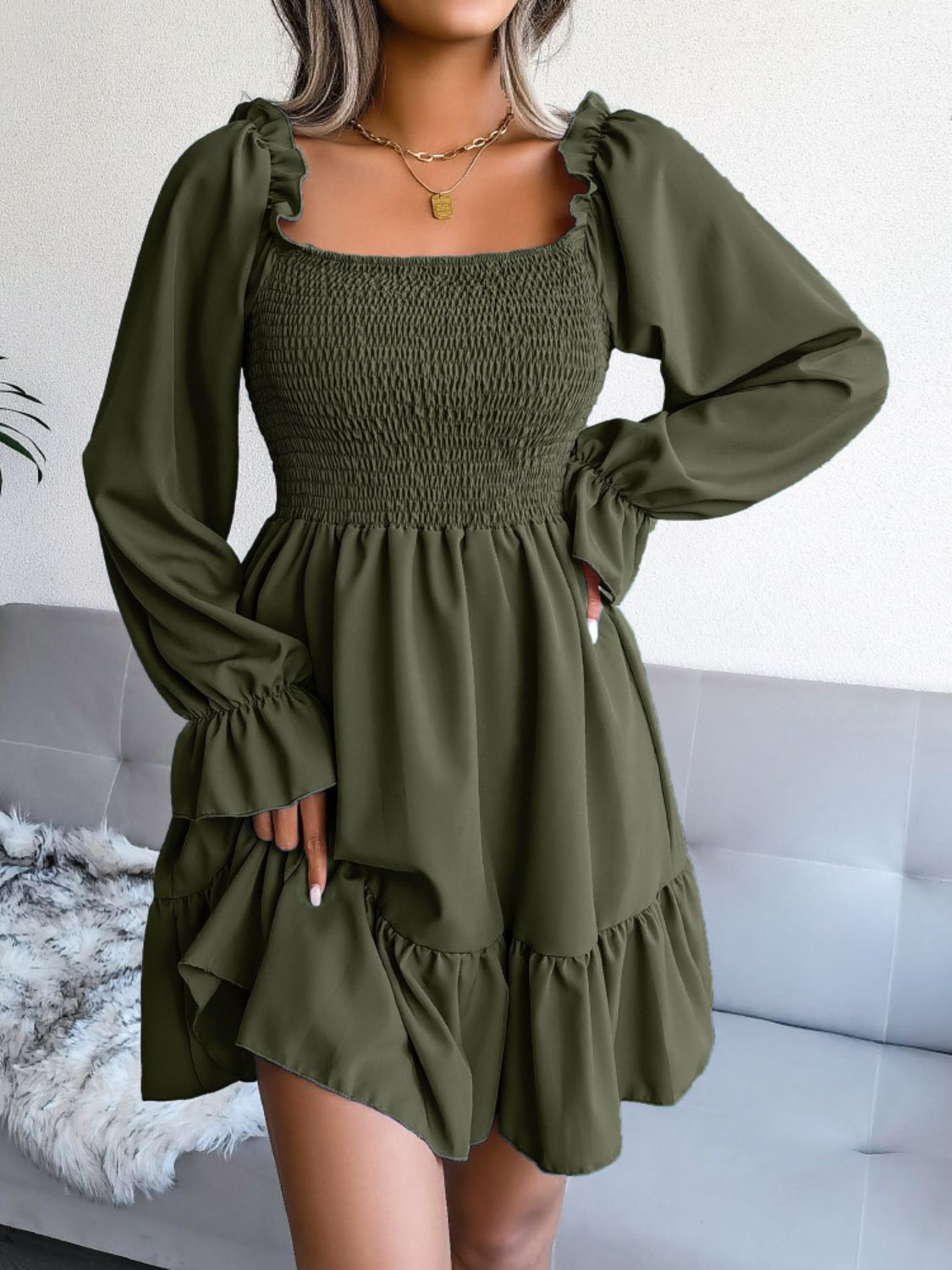 Smocked Flounce Sleeve Square Neck Dress