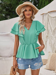 Ruffled V-Neck Peplum Blouse