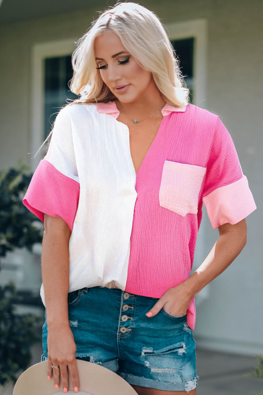 Color Block Textured Johnny Collar Blouse Trendsi