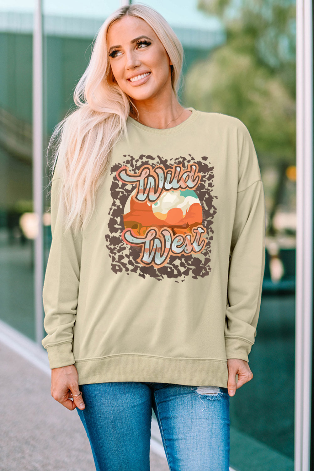 Round Neck Dropped Shoulder WILD WEST Graphic Sweatshirt