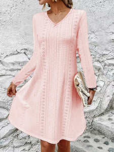 Eyelet V-Neck Long Sleeve Mini Dress