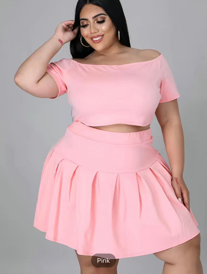 Plus Size Off Shoulder Short Sleeve Crop Top & Mini Skirts Set, Women's Plus Slight Stretch Solid Casual 2pcs Set Outfits