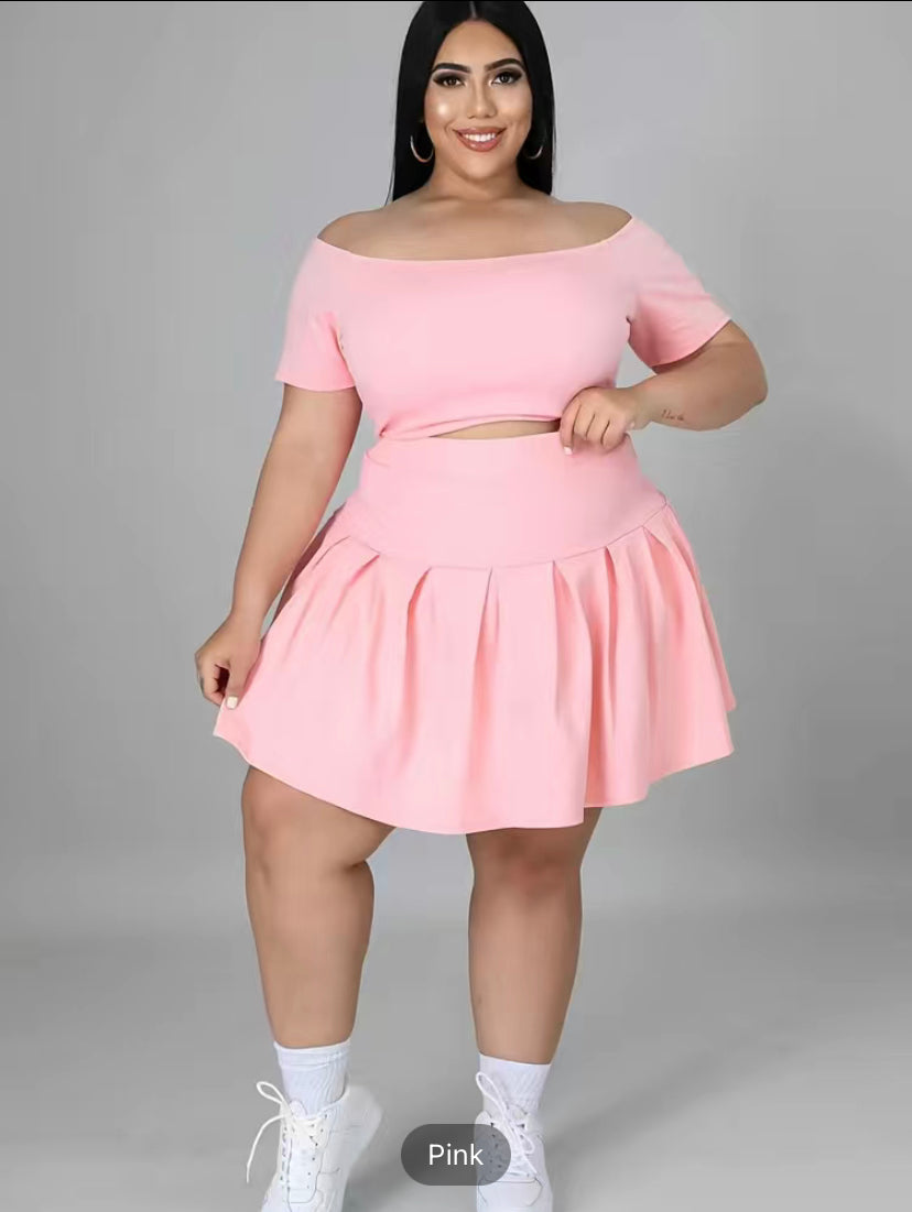 Plus Size Off Shoulder Short Sleeve Crop Top & Mini Skirts Set, Women's Plus Slight Stretch Solid Casual 2pcs Set Outfits