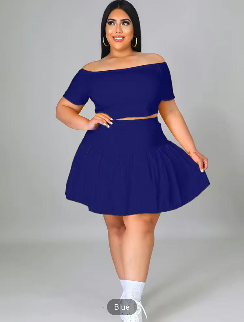 Plus Size Off Shoulder Short Sleeve Crop Top & Mini Skirts Set, Women's Plus Slight Stretch Solid Casual 2pcs Set Outfits